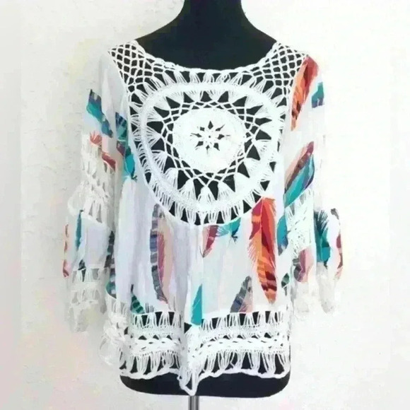 Bohemian Crochet Feather Dream catcher Blouse| Beach Cover  Up‎ Size S - Picture 1 of 3